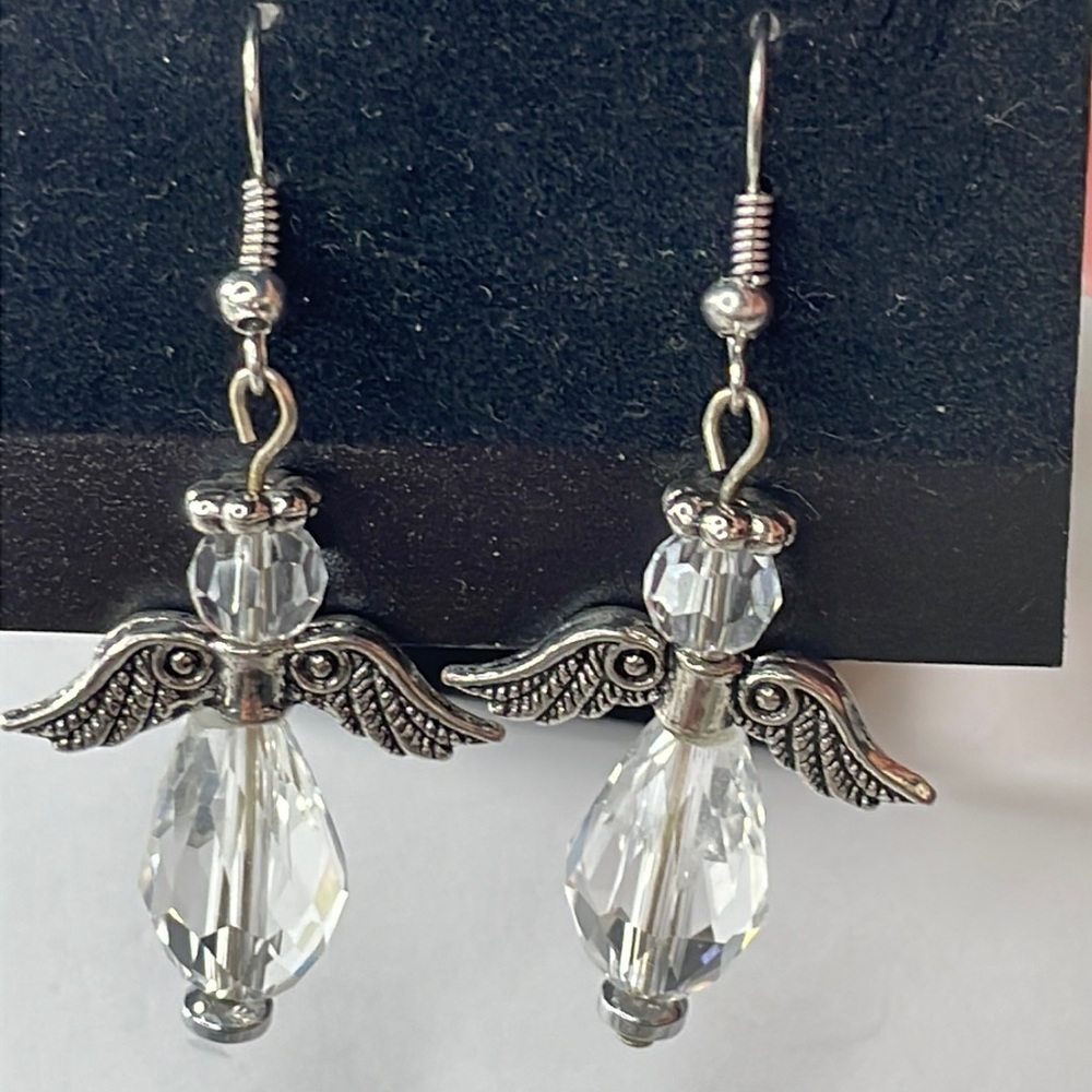 Heavenly Silver Crystal Winged Angel with Halo Earrings